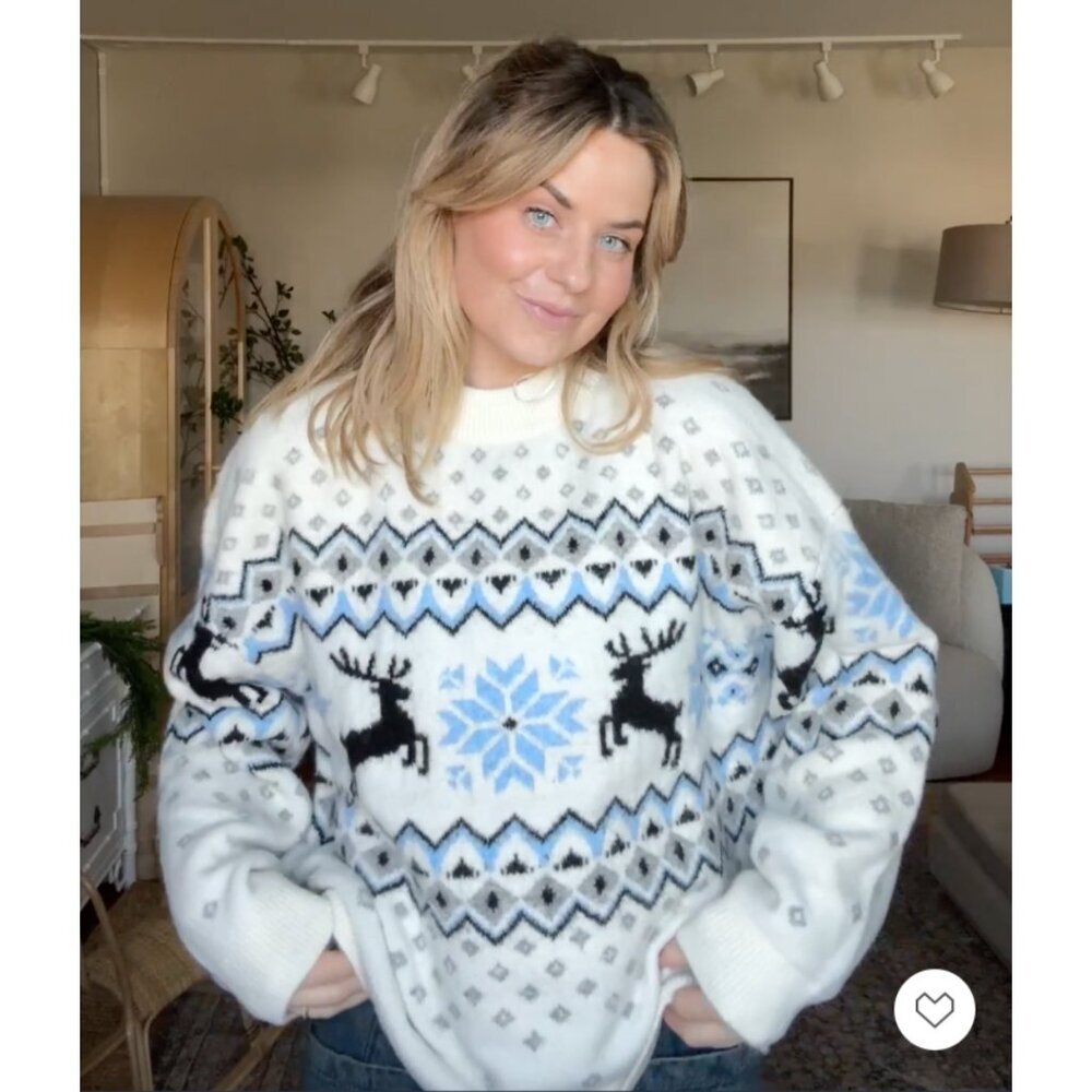 H&M Jacquard-Knit Holiday Crew Sweater White Reindeer